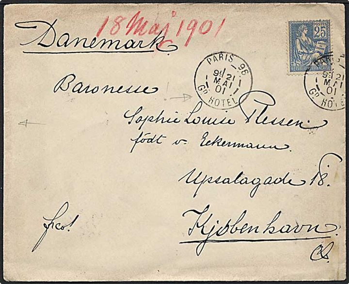 25 cent blå på brev fra Paris d. 21.5.1901 til København. Segl på bagsiden.