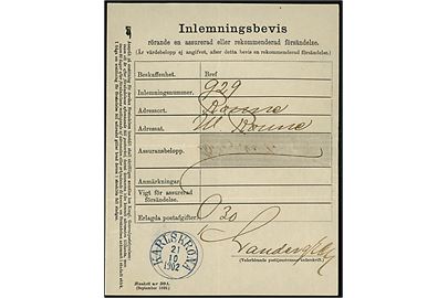 Inlemningsbevis for afsendelse af anbefalet brev til Rønne på Bornholm med  blåt stempel i Karlskrona d. 21.10.1902.