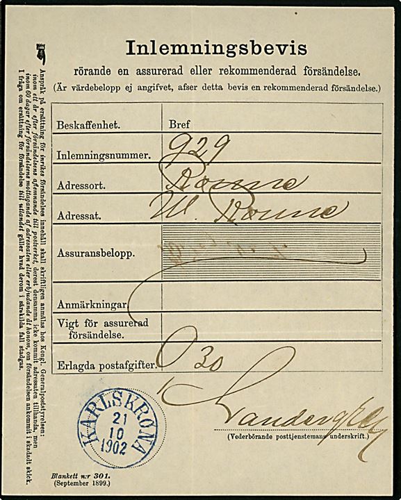 Inlemningsbevis for afsendelse af anbefalet brev til Rønne på Bornholm med  blåt stempel i Karlskrona d. 21.10.1902.