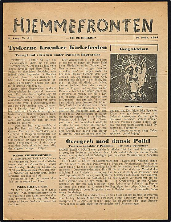 Hjemmefronten, 2. årgang nr. 6 d. 20.2.1944. 4 sider illustreret illegalt blad.