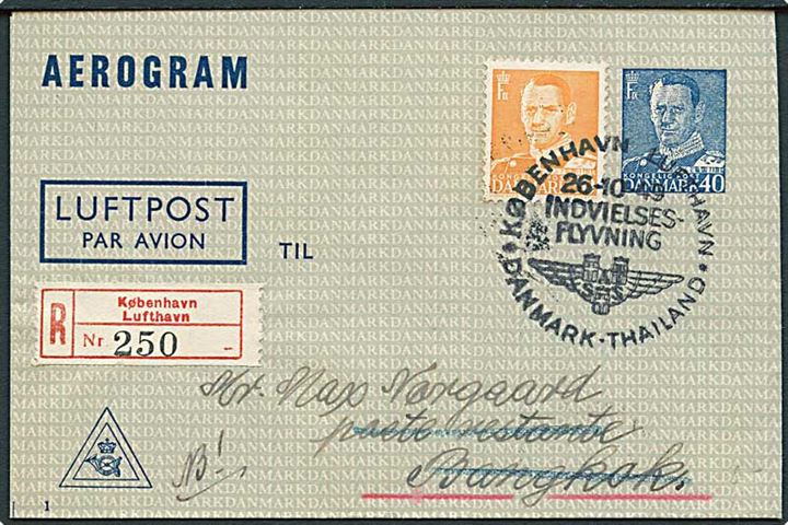 40 øre helsags aerogram (fabr. 1) opfrankeret med 30 øre Fr. IX sendt anbefalet på indvigelsesflyvningen fra København Lufthavn d. 26.10.1949 til Bangkok, Thailand.