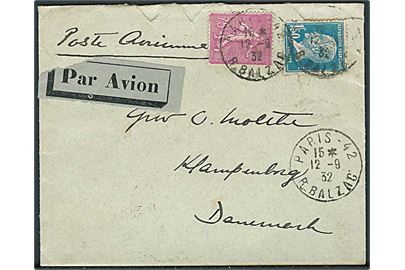 2,25 fr. frankeret luftpostbrev fra Paris d. 12.9.1932 til Klampenborg, Danmark. På bagsiden transitstemplet København Luftpost d. 13.9.1932.