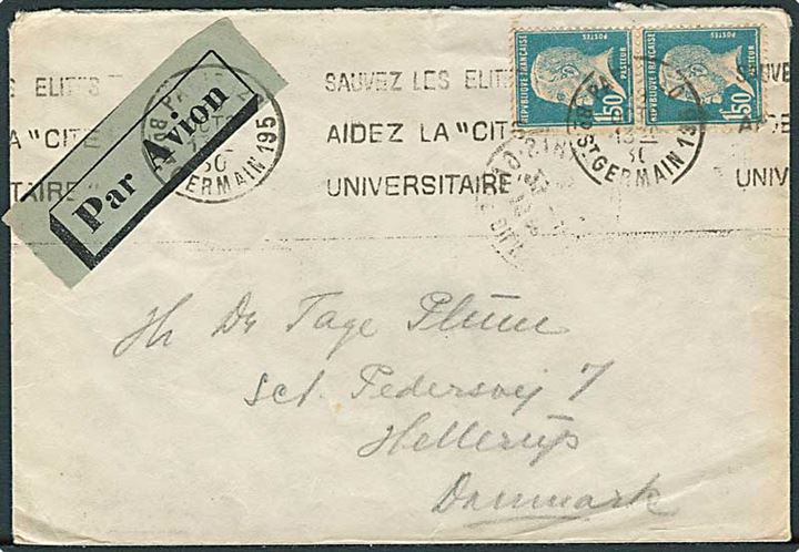 1,50 fr. Pasteur i parstykke på luftpostbrev fra Paris d. 29.10.1930 via København til Hellerup, Danmark.