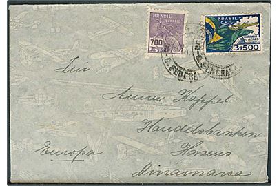 4200 reis frankeret luftpostbrev med uklart stempel 1937 via Paris d. 23.12.1937 til Horsens, Danmark.