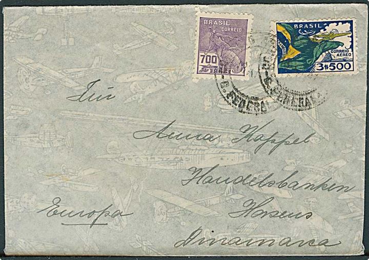 4200 reis frankeret luftpostbrev med uklart stempel 1937 via Paris d. 23.12.1937 til Horsens, Danmark.