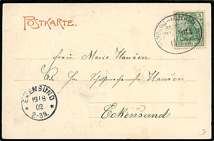 Tyskland, Westrefeld, Gruss aus fra Süder Lügum. Chr. Schwennesen u/no. frankeret med 5 pfg. Germania annulleret med bureaustempel Hamburg - Hoyerschleuse Bahnpost Zug 1034 d. 18.8.1902 til Ekensund.