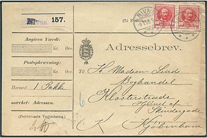 10 øre Fr. VIII i parstykke på adressebrev for pakke fra Nivaa d. 6.1.1909 til København.