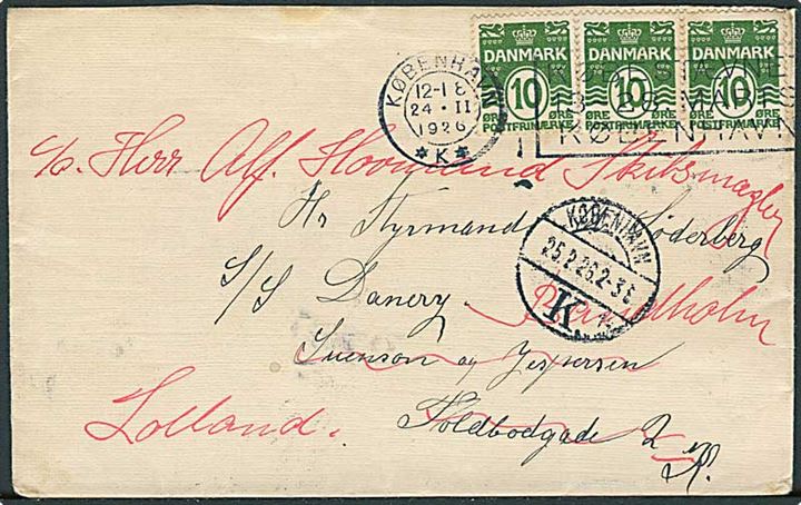10 øre Bølgelinie (3) på brev fra København d. 24.2.1926 til styrmand ombord på S/S Danery via Rederi i København - eftersendt til Bandholm.
