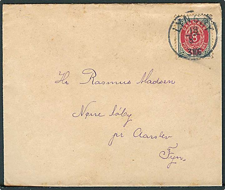 8 øre Tofarvet på brev annulleret med lapidar Lyngby d. 18.8.1902 til Nørre Syby pr. Aarslev, Fyn.