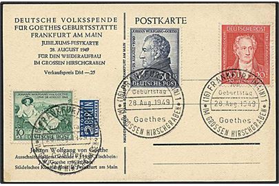 62 pfennig på postkort fra Frankfurt d. 28.8.1949. Postkort med Goethe.