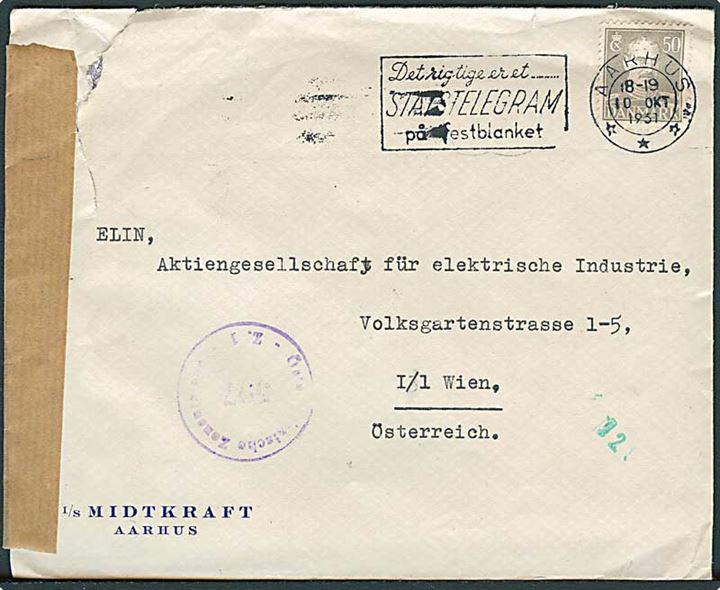 50 øre Chr. X på brev fra Aarhus d. 10.10.1951 til Wien, Østrig. Åbnet af østrigsk efterkrigscensur. Rift.