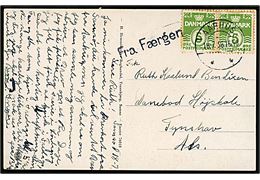 5 øre Bølgelinie i parstykke på brevkort (Samsø, Brattingsborg) dateret på Samsø d. 18.7.1938 og annulleret Aarhus d. 18.7.1938 med sidestempel Fra Færgen til Fynshav på Als. Mærker med skjolder.