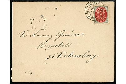 8 øre Tofarvet på brev annulleret med lapidar Snertinge d. 20.12.189x til Fredensborg.