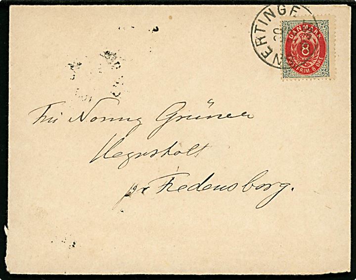 8 øre Tofarvet på brev annulleret med lapidar Snertinge d. 20.12.189x til Fredensborg.