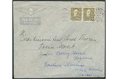 45 øre Chr. X i parstykke på luftpostbrev fra Haderslev d. 3.2.1947 til sømand ombord på S/S Trein Mærsk til Marseille, Frankrig.
