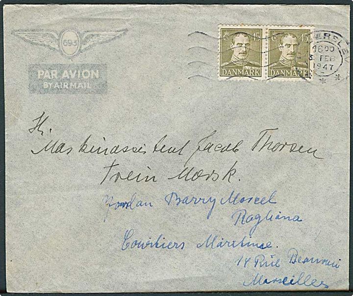 45 øre Chr. X i parstykke på luftpostbrev fra Haderslev d. 3.2.1947 til sømand ombord på S/S Trein Mærsk til Marseille, Frankrig.