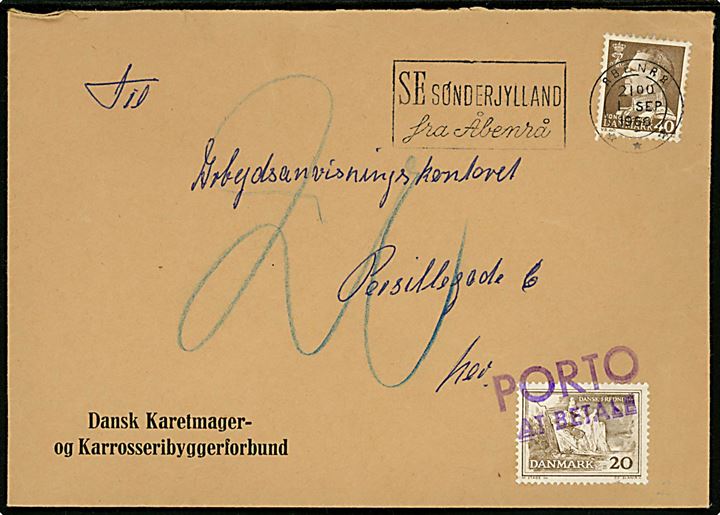 40 øre Fr. IX på underfrankeret lokalbrev i Åbenrå d. 1.9.1966. Udtakseret i porto med 20 øre Dansk Fredning annulleret PORTO AT BETALE.