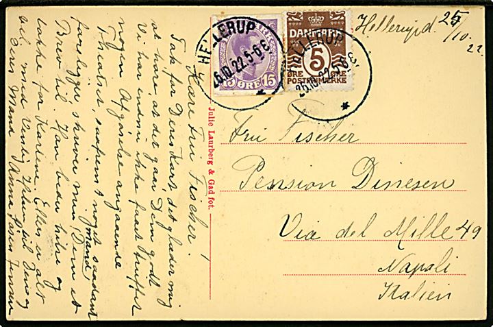 5 øre Bølgelinie og 15 øre Chr. X helsagsafklip som frankering på brevkort annulleret brotype IIIb Hellerup * d. 16.10.1922 til Napoli, Italien.
