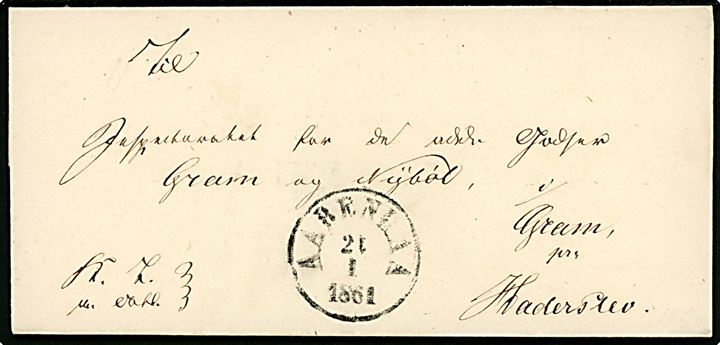 1861. Ufrankeret tjenestebrev mærket K.T.m.A. med antiqua Aabenraa d. 21.1.1861 til Haderslev.