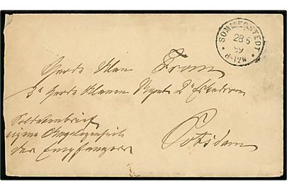 1889. Ufrankeret soldaterbrev påskrevet Soldatenbrief. Eigene Angelegenheit des Empfängers stemplet Sommerstedt d. 28.6.1889 til Garder Ulan From ved 3. Garde-Ulanen-Regiment 2. Eskadron i Potsdam.