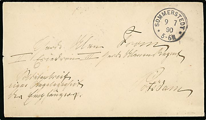 1890. Ufrankeret soldaterbrev påskrevet Soldatenbrief. Eigene Angelegenheit des Empfängers og stemplet Sommerstedt d. 9.7.1890 til Garder Ulan From ved 3. Garde-Ulanen-Regiment 2. Eskadron i Potsdam.