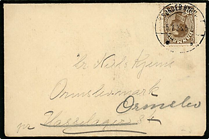 20 øre Chr. X på brev annulleret med brotype IIb Store Nustrup d. 5.1.1923 til Ormslev mark pr. Hasselager - ændret til pr. Ormslev.