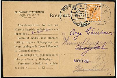 7 øre Chr. X på lokalt adviskort fra De Danske Statsbaner stemplet Mørke d. 4.5.1920 - omadresseret til både Skanderborg og Ry.