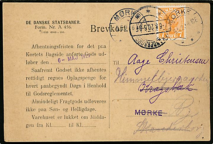 7 øre Chr. X på lokalt adviskort fra De Danske Statsbaner stemplet Mørke d. 4.5.1920 - omadresseret til både Skanderborg og Ry.