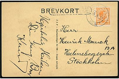 7 øre Chr. X på brevkort annulleret med svensk bureau stempel PKP 83C (= Nässjö-Malmö-København) d. 15.5.1919 og sidestemplet Från Danmark. til Stockholm, Sverige.