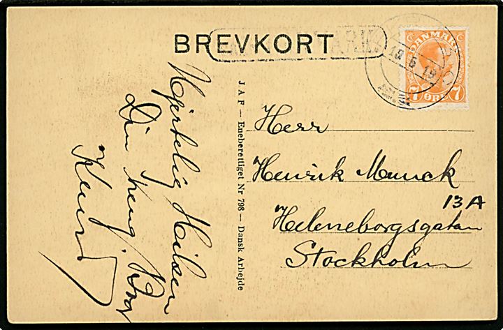 7 øre Chr. X på brevkort annulleret med svensk bureau stempel PKP 83C (= Nässjö-Malmö-København) d. 15.5.1919 og sidestemplet Från Danmark. til Stockholm, Sverige.