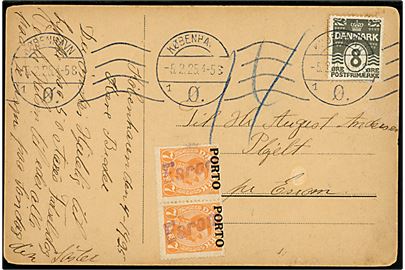8 øre Bølgelinie på underfrankeret brevkort fra København d. 5.2.1925 til Esrom. Udtakseret i porto med 7 øre PORTO Provisorium i parstykke forudannulleret med violet liniestempel Esrom. 
