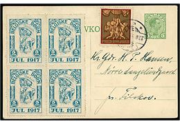 5 øre Chr. X helsagsbrevkort med Julemærke 1917, samt fireblok af 5 øre Belgiske Børn Jul 1917, fra Nørskov skole pr. Sarre St. d. x.12.1917 til Filskov.