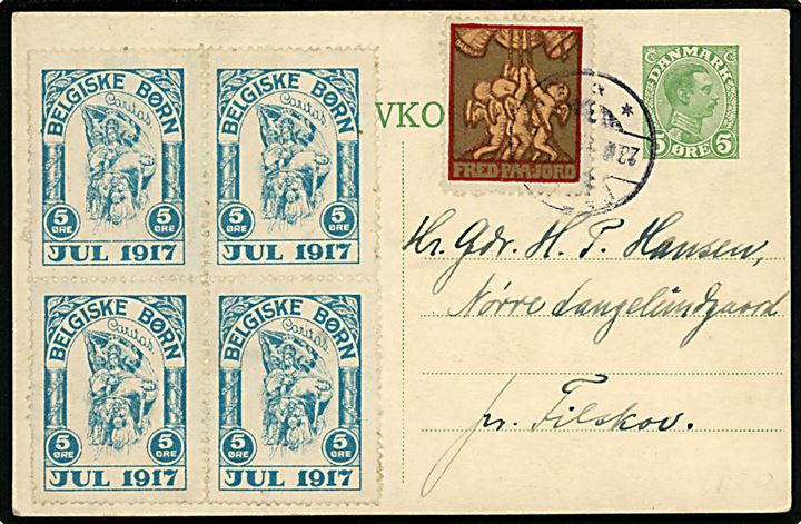 5 øre Chr. X helsagsbrevkort med Julemærke 1917, samt fireblok af 5 øre Belgiske Børn Jul 1917, fra Nørskov skole pr. Sarre St. d. x.12.1917 til Filskov.