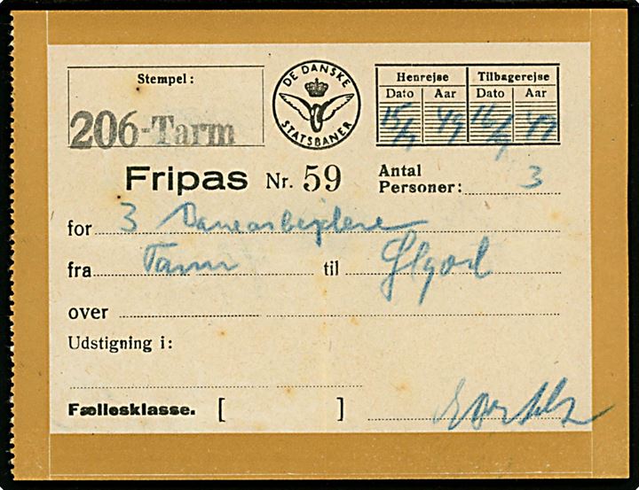 De danske Statsbaner Fripas nr. 59 for 3 banearbejdere fra Tarm til Ølgod i dagene 15.-16.9.1949.