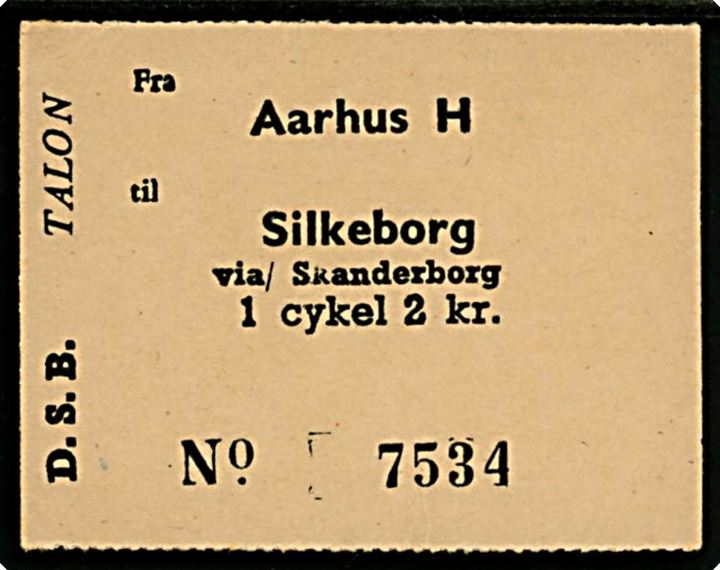 D.S.B. cykelbillet fra Aarhus H via Skanderborg til Silkeborg.