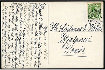 5 øre Chr. X på brevkort fra Nyborg d. 11.11.1916 til officer ombord på orlogsskibet Hjælperen i Korsør. Dampminebåden Hjælperen var det meste af krigen tilknyttet 2. eskadre i Storebælt.