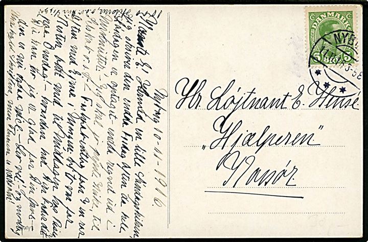 5 øre Chr. X på brevkort fra Nyborg d. 11.11.1916 til officer ombord på orlogsskibet Hjælperen i Korsør. Dampminebåden Hjælperen var det meste af krigen tilknyttet 2. eskadre i Storebælt.