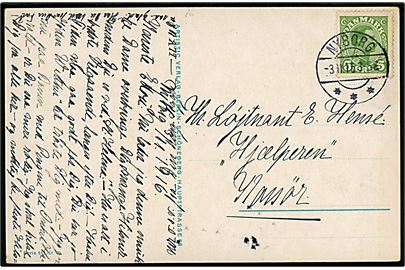 5 øre Chr. X på brevkort fra Nyborg d. 3.11.1916 til officer ombord på orlogsskibet Hjælperen i Korsør. Dampminebåden Hjælperen var det meste af krigen tilknyttet 2. eskadre i Storebælt.