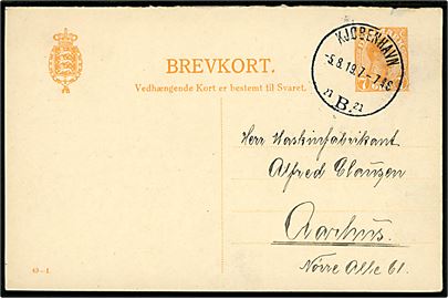 7 øre Chr. X spørgedel af dobbelt helsagsbrevkort fra Kjøbenhavn d. 5.8.1919 til Aarhus.