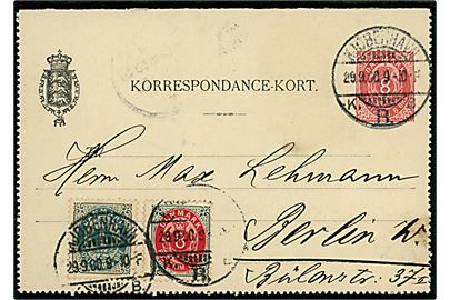 8 øre helsagskorrespondancekort opfrankeret med 4 øre og 8 øre Tofarvet begge omv. rm. fra Kjøbenhavn d. 29.9.1900 til Berlin, Tyskland.