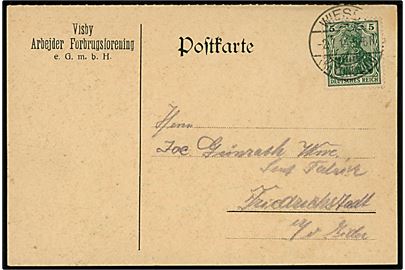 5 pfg. Germania på brevkort fra Visby Arbejder Forbrugsforening annulleret Wiesby (Kr. Tondern) d. 2.7.1914 til Friedrichstadt.