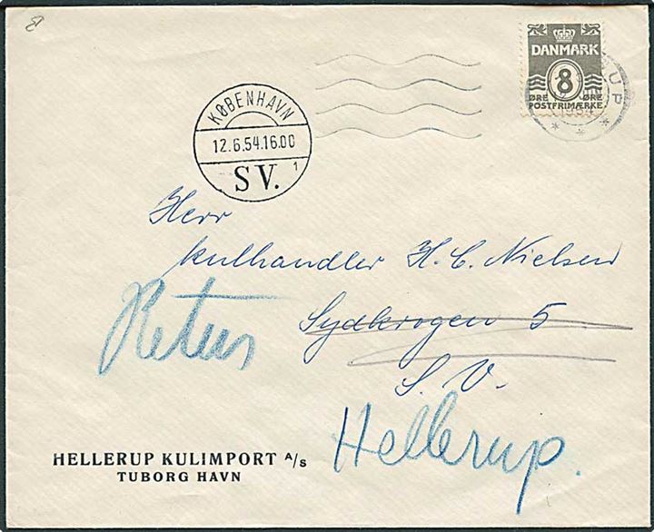 8 øre Bølgelinie på Ren Tryksag fra Hellerup d. 12.6.1954 til København. Retur med stempel: Flyttet, hvorhen vides ikke SV. distr. nr..