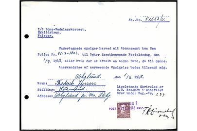 10 øre Bølgelinie som gebyr på attesteret kopi af opsigelse af abonnement hos Zone-Redningskorpset annulleret med kontorstempel: Odense 1 Posteksp. d. 2.2.1948. 