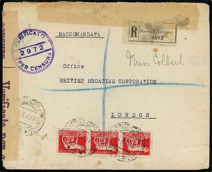 5 l. i 3-stribe på anbefalet brev fra Milano d. 24.7.1945 til BBC i London, England. Åbnet af italiensk censur.