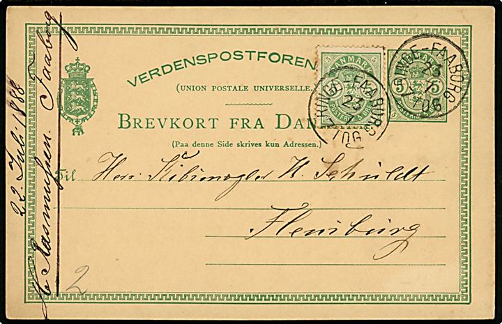 5 øre Våben helsagsbrevkort opfrankeret med 5 øre Våben fra Faaborg og annulleret med lapidar bureaustempel Ringe - Faaborg d. 23.7.1888 til Flensburg, Tyskland.