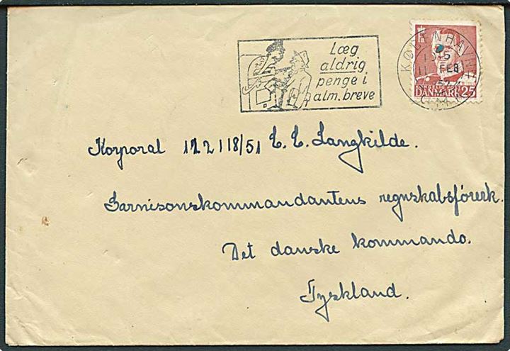 25 øre Fr. IX på brev fra København d. 11.2.1952 til soldat ved Det danske Kommando i Tyskland.