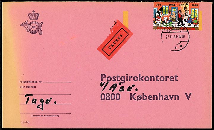 Ufrankeret postsagskuvert med Julemærke 1983 i parstykke sendt som ekspres fra Stenløse d. 22.11.1983 til Postgirokontoret, København V. Falmet i venstre side.