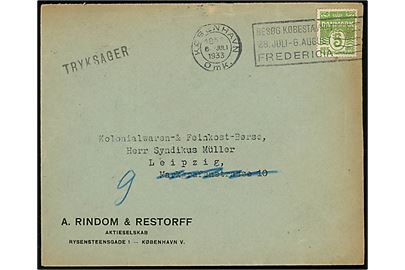 5 øre Bølgelinie med perfin A.R.R. på tryksag fra firma A. Rindom & Restorff i København d. 6.7.1933 til Leipzig, Tyskland.