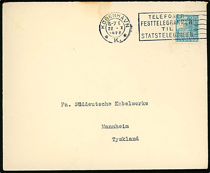 25 øre Karavel med perfin L.P. på firmakuvert fra Louis Poulsen & Co. i København d. 22.10.1928 til Mannheim, Tyskland.