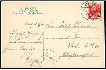 10 øre Fr. VIII på brevkort (Gudhjem havn) annulleret Allinge S. (= Sandvig) d. 9.7.1911 til Berlin, Tyskland.